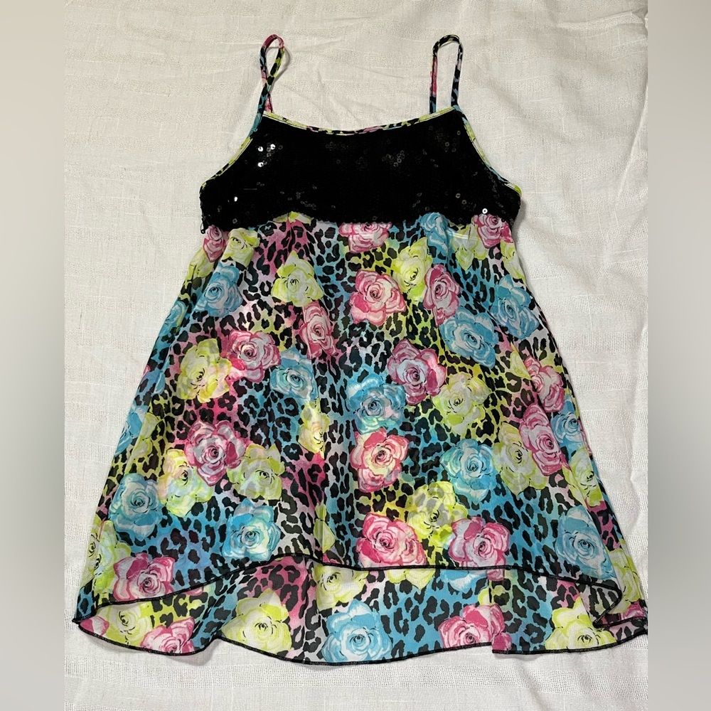 Sequined Tank Top with Roses and Leopard Print